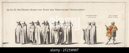 La processione funeraria di Frederik Hendrik (piatto n. 26), 1647; la processione funeraria di Frederik Hendrik in 's-Gravenhage nel 1647; Begreigeisse van Syne Hoogheyt Frederick Henrick, di der Gratien dei Prince di Orange, grave di Nassau & C. la Processione funeraria o Stadgolder Frederik Hendrik in 's-Gravenhage il 10 maggio 1647. La targa n. 26 con una parte della processione con i membri degli Stati generali, sopra le persone è la loro funzione. Parte di una serie o 30 piastre e 20 fogli di testo, da fissare insieme. Foto Stock