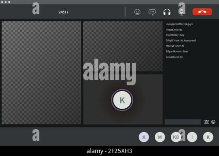 Schermo modello di videoconferenza per tre persone, software moderno per riunioni virtuali, lavoro remoto o lezioni su sfondo trasparente Illustrazione Vettoriale