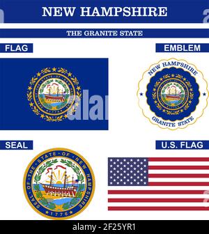 Collezione simbolo del New Hampshire con bandiera, sigillo, bandiera degli Stati Uniti e emblema come vettore. Il Granite state, il White Mountain state. Illustrazione Vettoriale