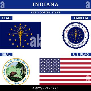 Collezione Indiana Symbol con bandiera, sigillo, bandiera USA ed emblema come vettore. Lo stato di Hoosier. Illustrazione vettoriale dettagliata. Illustrazione Vettoriale