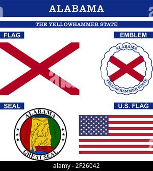 Collezione di simboli Alabama con bandiera, sigillo, bandiera degli Stati Uniti e emblema come vettore. Lo Stato di Yellowhammer. Il cuore di Dixie. Lo Stato del cotone. Illustrazione Vettoriale