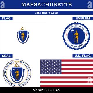 Collezione di simboli del Massachusetts con bandiera, sigillo, bandiera degli Stati Uniti e emblema come vettore. Lo stato della baia. Illustrazione vettoriale dettagliata. Illustrazione Vettoriale