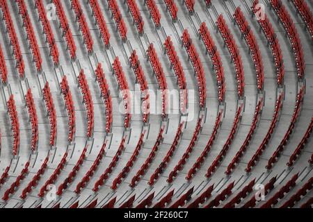 Budapest, Ungheria. 10 marzo 2021. Calcio, Champions League, turno di calcio, turno di 16, seconda tappa, RB Leipzig - FC Liverpool, Puskas Arena: Lo stadio è vuoto prima del calcio d'inizio. Credit: Marton Monus/dpa/Alamy Live News Foto Stock