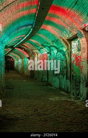 Colorato verde, blu, rosa illuminato Ganzemarkt tunnel nel centro di Utrecht, Paesi Bassi Foto Stock