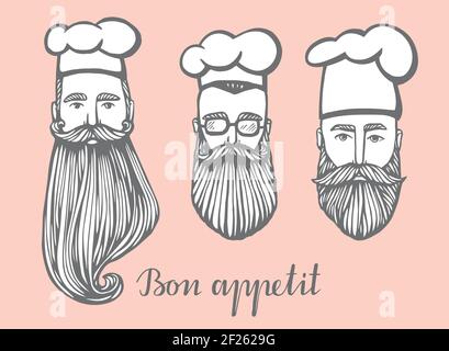 Set di illustrazione vettoriale disegnata a mano del capo-fornello hipster con baffi e barba in cappello bianco. logo capo-fornello. Illustrazione Vettoriale