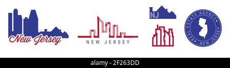 Agenzia immobiliare New Jersey. Set di icone emblema DI US realty. Illustrazione piatta. Colori della bandiera americana. Grande città e sobborghi. Mappa di silhouette semplice in Foto Stock