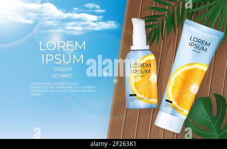 3D realistico Vitamina C arancione Crema bottiglia sfondo. Modello di disegno del prodotto cosmetico di Moda. Illustrazione vettoriale Illustrazione Vettoriale