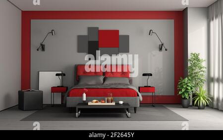 Rosso e grigio, moderno e la camera da letto principale con letto doppio e tavolo da caffè con colazione - il rendering 3D Foto Stock
