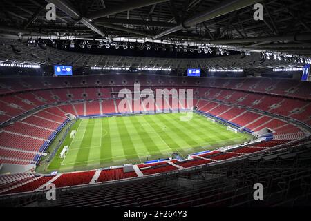 Budapest, Ungheria. 10 marzo 2021. Calcio, Champions League, turno di calcio, turno di 16, seconda tappa, RB Leipzig - FC Liverpool, Puskas Arena: Lo stadio è vuoto prima del calcio d'inizio. Credit: Marton Monus/dpa/Alamy Live News Foto Stock