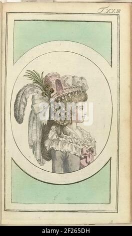 Journal des Luxus und der Moden 1786, Band i, T. 23.il busto della donna a destra in un 'Juste' grigio con un arco rosa sul petto. Fichu guarnito di lino bianco. Una moderna acconciatura di Monsieur Depain e un 'pouf' di Demoiselle Roussaud, entrambi impiegati a Parigi. L'acconciatura è costituita da file di ricci rigidi con due ricci liberi sul petto su entrambi i lati. Un chignon piatto da dietro. Il pouf si presenta dal lato bianco, guarnito con un nastro rosa, una piuma rosa e bianca, un velo e una garzetta di piume di pavone. Stampa della rivista di moda Journal des Luxus und der Moden, edita da Friedrich Ju Foto Stock