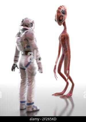 Incontro e conoscenza di uno straniero e di un umano. Alieno umanoide e astronauta su sfondo bianco. Contatto extraterrestre. Rendering 3D Foto Stock