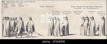 La processione funeraria di Frederik Hendrik (piatto n. 23), 1647; la processione funeraria di Frederik Hendrik in 's-Gravenhage nel 1647; Begreigeisse van Syne Hoogheyt Frederick Henrick, di der Gratien dei Prince di Orange, grave di Nassau & C. la Processione funeraria o Stadholder Frederik Hendrik in 's-Gravenhage il 10 maggio 1647. 23 con una parte della processione, sopra le persone sono il loro nome e la loro funzione. Una striscia chiamata Frederick Wilh. Posizionato. Parte di una serie o 30 piastre e 20 fogli di testo, da fissare insieme. Foto Stock