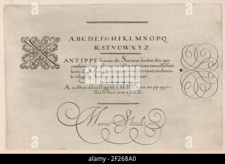 Esempio di scrittura con capitale X; Treasure oft è consulente e vertehooninge van Verschyden scritti (...). Esempio di scrittura con maiuscola X e quattro righe di testo in francese, tra due alfabeti: Xantippe femme de Socrate (...). Arricciatura calligrafica destra. La stampa fa parte di un album di al. Foto Stock