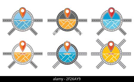 Geolocalizzazione GPS. Icona perno mappa stradale impostata. Posizionare il marcatore. Navigazione di trasporto in linea. Puntatore posizione servizio di consegna. Vettore locpoint di destinazione Illustrazione Vettoriale