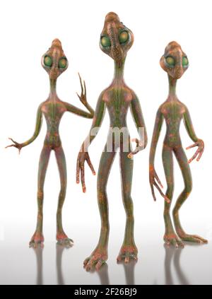 Tre alieni umanoidi stanno in piena crescita su uno sfondo bianco. Illustrazione creativa concettuale. Rendering 3D. Foto Stock