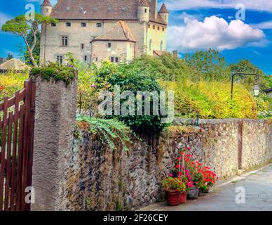 Yvoire nel nord della Francia con fiori nel via Foto Stock