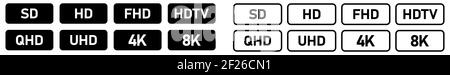Set di semplici video in bianco e nero o risoluzione dello schermo icone - testo in rettangolo arrotondato piccolo Illustrazione Vettoriale