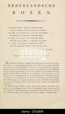 Verklaring bij de prent met de rozen met de silhouetten van de Koninklijke familie, 1816; Nederlandsche Rozen.foglio di testo con una poesia e la dichiarazione della presentazione della stampa con il bouquet di rose in cui sono state elaborate le sagome della famiglia reale. Dopo il matrimonio del Principe d'Orange e di Anna Paulowna Sint Petersburg il 21 febbraio 1816. Sulla parte superiore dello stesso verso placcato otto come sulla stampa. Foto Stock