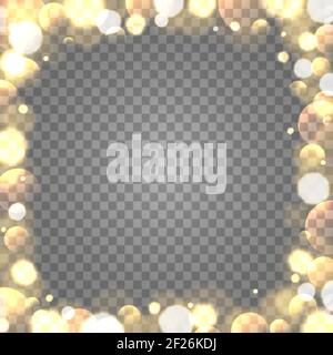 Telaio bokeh. Dima quadrata dorata della decorazione. Bordo dorato con effetto sfocato. Glitter brillante per un biglietto d'auguri. Luce di Natale astratta. Vettore Illustrazione Vettoriale