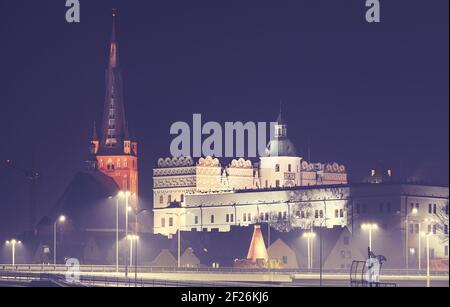 Il Castello Ducale e la Cattedrale di Szczecin in una notte di nebbia, colore applicato tonalità, Polonia. Foto Stock
