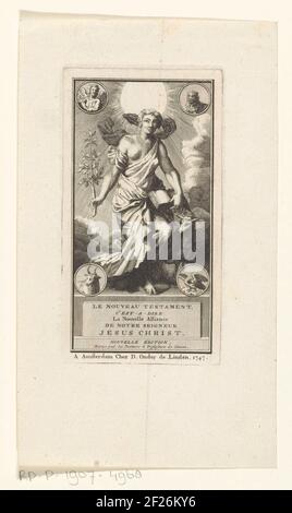 Figura allegorica con l'agnello e le creature dei quattro evangelisti; pagina del titolo per: S.N., le Nouveau Testamento, c'EEST à Dire la Nouvelle Allianc de Notre Seigneur Gesù Cristo, 1747.una figura allegorica femminile con ramo d'Oliva, libro con i sette francobolli e agnello accanto a se stessi. Circa quattro medaglioni con i quattro esseri degli Evangelisti. Foto Stock