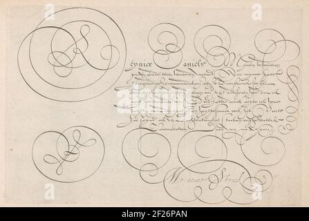 Esempio di scrittura con capitale r; Treasure oft è consulente e vertehooninge van Verschyden scritti (...). Scrivi un esempio in olandese con capitale R e otto regole testo: Reynier Daniels, Mynen Besing Goods e Loved Vriendt (...). Incorniciato da ricci calligrafici. La stampa fa parte di un album di al. Foto Stock