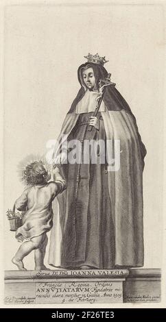 La Santa Johanna di Valois, vestita di abito, una corona sulla testa e con crocifisso sulla sinistra. Il bambino di Cristo le sposta un anello intorno al dito. Sul braccio il bambino porta un cesto con la corona delle spine e un martello. Nella parte inferiore del piedistallo è presente un testo di quattro righe in latino. Stampa da una serie di santi. Foto Stock