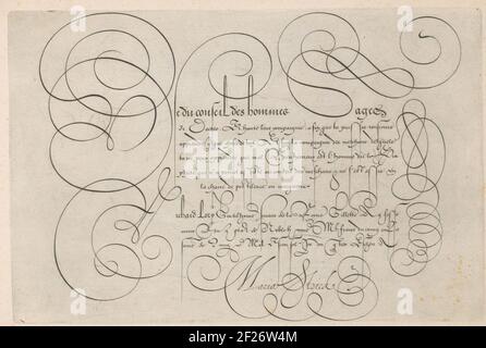 Scrivere esempio con capitale voi; Treasure oft è consulente e la Verthooninge van Verschyden scritti (...). Scrivi un esempio in francese con Capital You e Six Plus tre righe testo: USA Use Use du Conseil des Hommes (...). Incorniciato da ricci calligrafici. La stampa fa parte di un album di al. Foto Stock