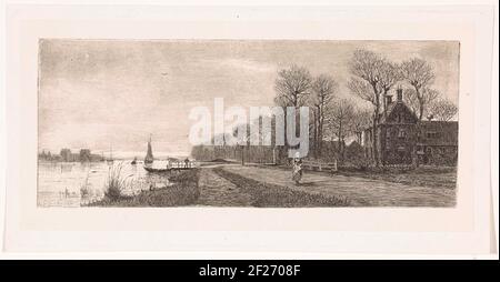 Huizen aan de Amstel.Houses lungo il fiume Amstel. Una donna corre sulla strada. Foto Stock