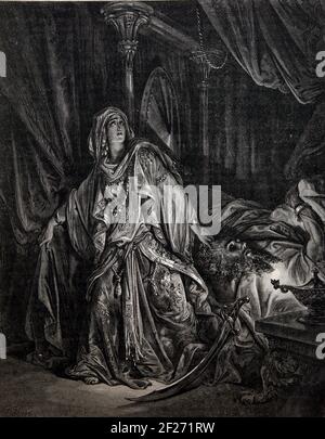 Bible Story Illustration Judith sta per decapitare il generale Holofernes nella sua tenda Tobit 13:8 Foto Stock