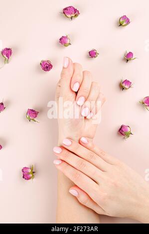 Donne belle mani su uno sfondo di boccioli di rosa . Foto di alta qualità Foto Stock