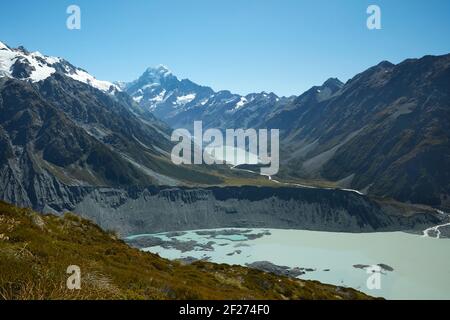 Aoraki / Mt Cook, Hooker Valley, e Mueller Lake, Aoraki / Mount Cook National Park, South Island, Nuova Zelanda Foto Stock