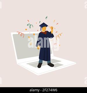 Laureati online 2021. Un ragazzo in abiti laureati, praticamente o in quarantena, riceve un diploma. Congratulazioni online per la laurea degli studenti. Illustrazione Vettoriale