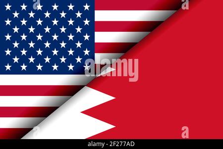 Una rappresentazione 3d degli Stati Uniti d'America e. Bandiere nazionali del Bahrain divise diagonalmente Foto Stock