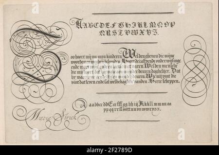 Scrivere esempio con capitale z; Treasure oft è consulente e vertehooninge van Verschyden scritti (...). Scrivi un esempio con capitale Z e sei righe o testo in olandese, tra due alfabeti: Zoo ora appartiene i miei figli (...). Arricciatura calligrafica destra. La stampa fa parte di un album di al. Foto Stock