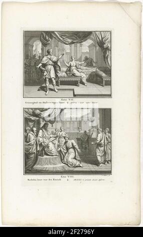 Due performances bibliche dell'EST. 7 e 8. Re Ahasveros è furioso su Haman, e Mórdechai è ricompensato dal re Ahasveros. Due rappresentazioni di un piatto, ciascuna con un titolo in olandese e francese. Numerato in basso a destra: 72. Foto Stock