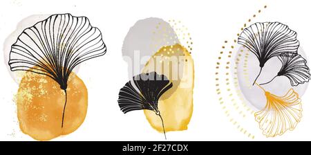 Stampa geometrica minimalista. Pittura moderna cerchio astratto forme acquerello con foglie nere, moderno inchiostro acrilico blob con decorativo Illustrazione Vettoriale