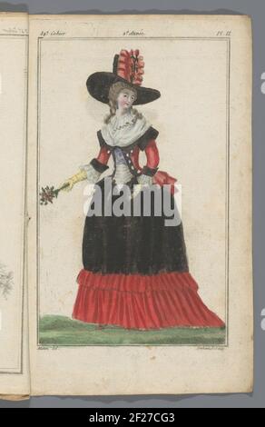 News Negozio delle modalità francese e inglese, 20 ottobre 1787, 34° notebook, 2° anno, pl. 3.Two bustle femminili. A SINISTRA: Cappello di lato a strisce con una Garland di Roses. A destra: Baigner con ampia mucca di nastro a strisce. La Stampa fa parte del trentesimo quaderno, 2° anno, dal nuovo negozio di nuove modalità francese e inglese. La serie è composta da 172 stampe di moda, pubblicate da Buisson, Parigi, dal 20 novembre 1786 al 21 dicembre 1789. Foto Stock