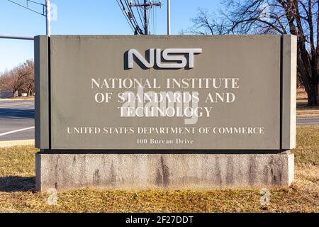 Gaithersburg, MD, USA 01-30-2021: Ingresso al Campus Gaithersburg del National Institute of Standards and Technology ( NIST ), una scienza fisica Foto Stock