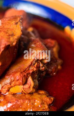 Primo piano di toast in un tipico piatto messicano, fatto con cochinita pibil in un piatto di talabera Foto Stock
