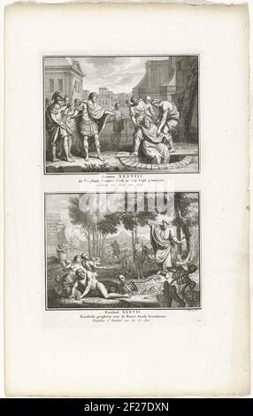 Due performances bibliche di Jer. 38 e EZ. 37 il profeta Geremia è gettato in una fossa e la visione del profeta Ezechiele attraverso la valle dei morti. Due rappresentazioni di un piatto, ciascuna con un titolo in olandese e francese. Numerato in basso a destra: 74. Foto Stock