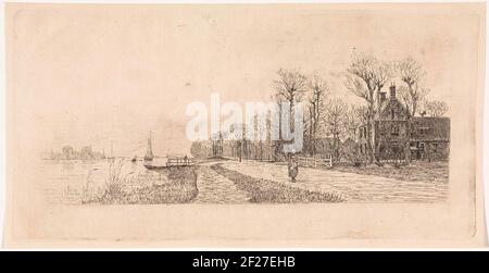 Huizen aan de Amstel.Houses lungo il fiume Amstel. Una donna corre sulla strada. Foto Stock