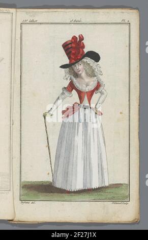 News Archivio Notizie in francese e inglese, 10 ottobre 1787, 33° quaderno, 2° anno, PL. Donna in piedi vestita con Cami rossi abbiamo gonna bianca. Sulla testa ha 'cappello a Tarare' (??). Bastone di bambù sulla destra. La Stampa fa parte del trentatreesimo notebook, 2° anno, dal nuovo negozio francese e inglese di nuove modalità. La serie è composta da 172 stampe di moda, pubblicate da Buisson, Parigi, dal 20 novembre 1786 al 21 dicembre 1789. Foto Stock