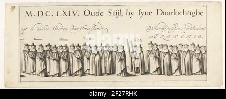 Corteo funebre di Willem Frederik, Conte di Nassau-Dietz (rivista 23), 1665; lutto-Staetelijcke splendore cadavere nell'uyt-vaert e begraefenisse dal corpo dimesso di (...) Wilhelm Frederich (...) Morto all'interno di Leeuwarden (...) Den een-and-TwinTichsten ottobre, MDCLXIV. E Aldaer in 't Choor van de Jacobijner Kerck, Den Vyfthienden dicembre MDCLXIV. Vecchio stile (...). Processione funebre di Willem Frederik, Conte di Nassau-Dietz, a Leeuwarden il 6 gennaio 1665. Parte della Processione funebre. 23 in un insieme di 25 targhette numerate non assemblate e due fogli di testo che a. Foto Stock