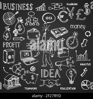 Doodles disegnati a mano di affari in contorno bianco su un nero sfondo in un modello denso sparso in formato quadrato con immagini e messaggi vettoriali Illustrazione Vettoriale