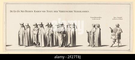 La processione funeraria di Frederik Hendrik (piatto n. 26), 1647; la processione funeraria di Frederik Hendrik in 's-Gravenhage nel 1647; Begreijdisse van Syne Hoogheyt Frederick Henrick, di der Graatien Principe d'Orange di Dio, tomba di Nassau & C. la processione funeraria di Frederik Hendrik in 's-Gravenhage il 10 maggio 1647. 26 con una parte della processione con i membri degli Stati membri generali, sopra le persone è la loro funzione. Parte di una serie di 30 piastre e 20 fogli di testo, destinati ad essere attaccati insieme. Foto Stock