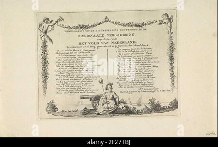 Dichiarazione alla stampa con l'allegoria all'Assemblea nazionale, 1796; spiegazione della stampa d'arte emblematica, l'incontro nazionale del popolo olandese.Dichiarazione della presentazione della stampa con l'allegoria alla prima riunione nazionale, aperta all'Aia il 1° marzo 1796. Dichiarazione in forma fresca in due colonne. In fondo alla Vergine Olandese, al piano superiore e su entrambi i lati FlowersGuirlandes. Foto Stock