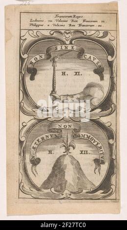 Koninklijke ARM met scepter en zwaard / Franse lelie op een berg; non Sine causa / in Aeternum non Commovebitur; Symbola Divina et Humana Pontificum Imperatorum Regum. Un emblema con due rappresentazioni. Sopra un braccio vestito in manica con giglio francese. Il braccio reale ha uno scettro. Lo scettro ha una spada. Sotto una montagna su cui un giglio francese. Le requieties di re Luigi II e Filippo II di Francia. Foto Stock