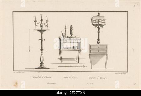 Girandole, comodino e stand musicale; Girandole à Plateau, Table De Nuit, pupitre à Tiroirs; D Quatriema Cahier De Meubles et d'Ébénisteries, Dessin's Par la Londe.Links una Girandole armata sottile di alto livello. Al centro un comodino con due cassetti e un ripiano, con una lattina, un candelabro, libri e una ciotola. A destra un supporto musicale su un cassettiera con due cassetti. Foto Stock