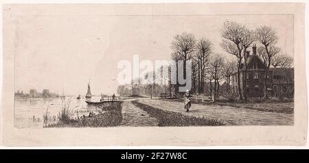 Huizen aan de Amstel.Houses lungo il fiume Amstel. Una donna corre sulla strada. Foto Stock